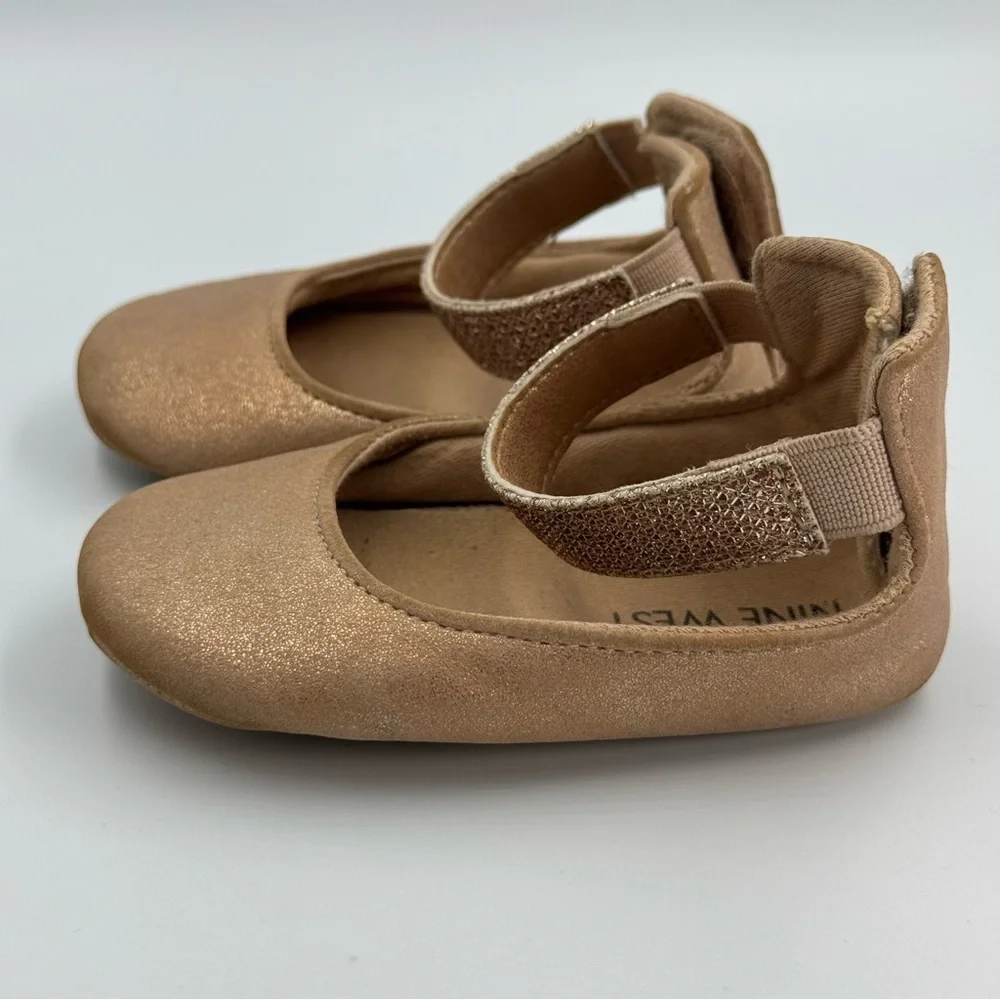 Nine West Tan and Gold Shimmer Ballet Flats Size 3 Hook and Loop Shimmer